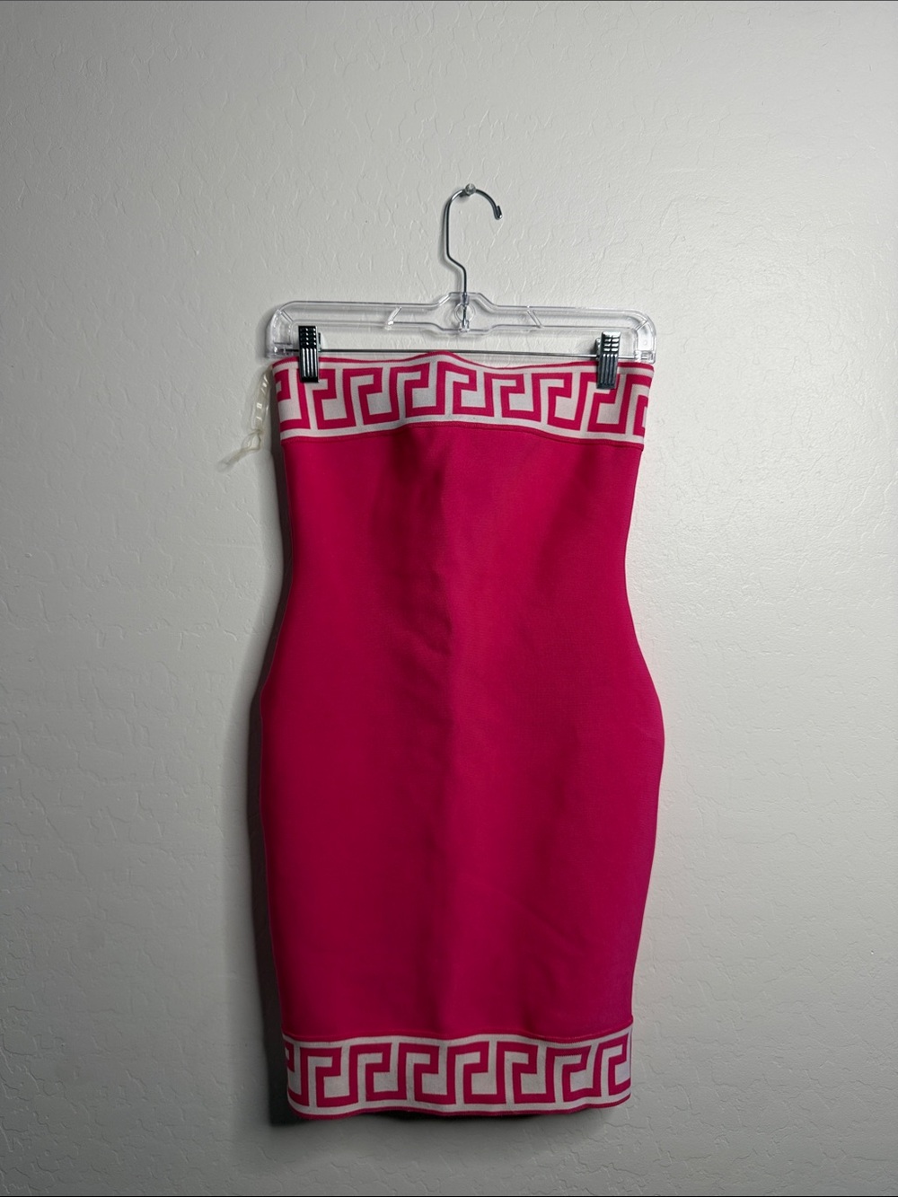 Strapless Hot Pink Bodycon Dress with White Geometric Trim